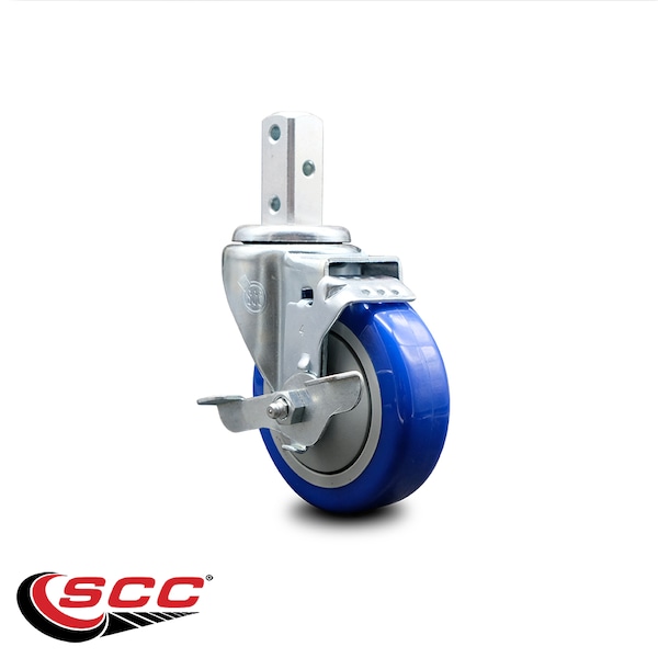 4 Inch Blue Polyurethane Wheel Swivel 7/8 Inch Square Stem Caster with Brake
